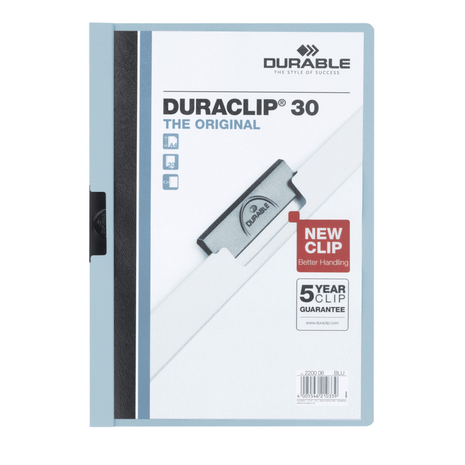 Klemm-Mappe DURACLIP® Original 30, Hartfolie, bis 30 Blatt, transparent/blau DURABLE 2200 06