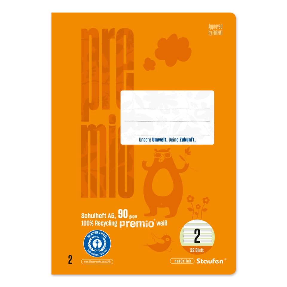 orange notebook, A5 notebook, recycling paper, 2 pages, white label