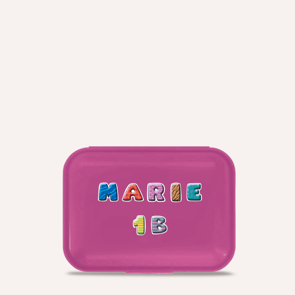 Schlankes Etui, Kinderbox, Magenta Farbe, Durchsichtige Beschriftung, Personalisierte Aufbewahrung