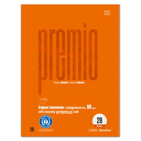 Collegeblock Premio, Linkshänder, Spiralbindung, 90 g/qm, DIN A4, 80 Blatt STAUFEN PREMIO 040838028