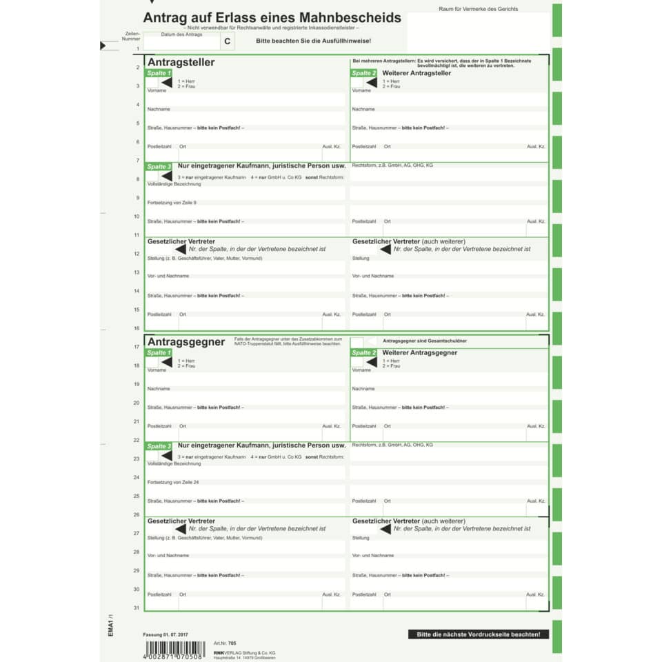 Antragsformular, Mahnverfahren, Kaufmann, juristische Person, Formularseite
