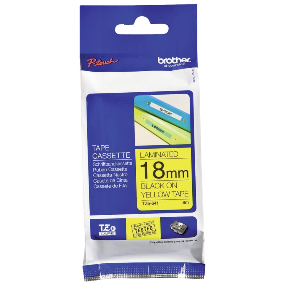 Tonkassette, 18mm, Laminiert, Schwarz auf Gelb, Klebebandkassette