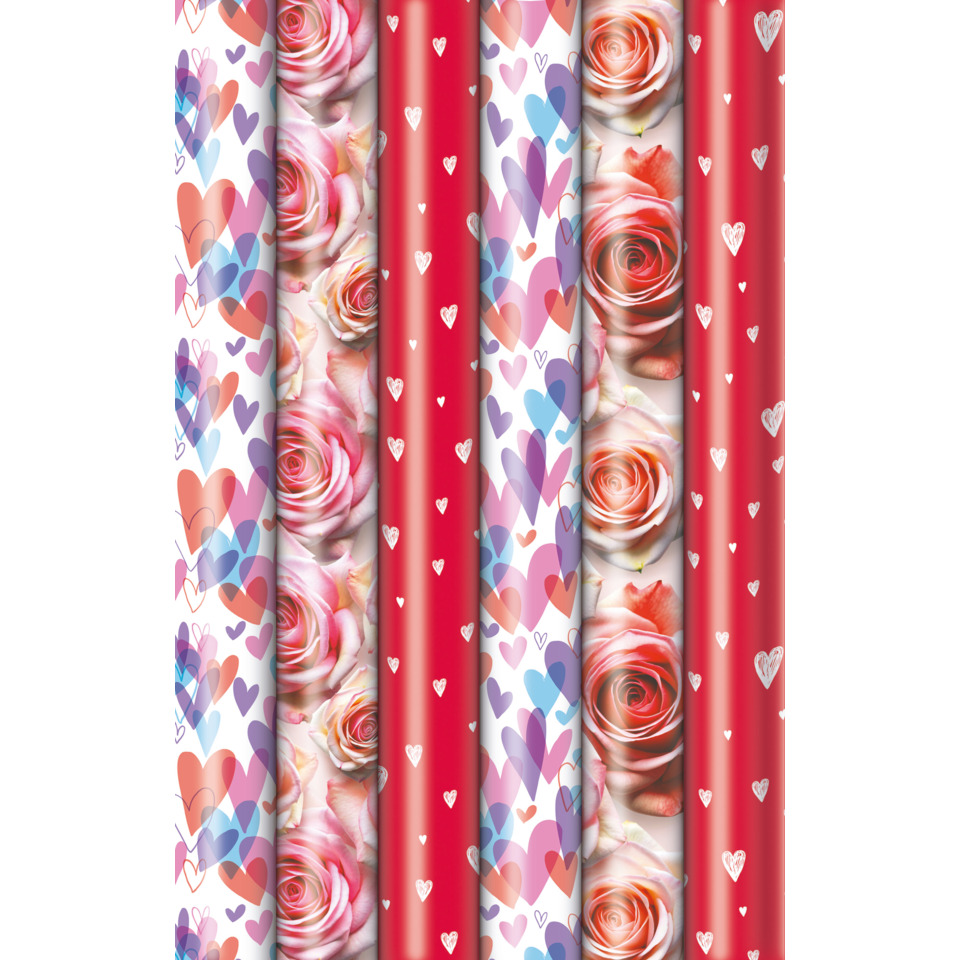 Herzmuster, Rosenmotiv, Geschenkpapier, Rollmaterial, Dekorband