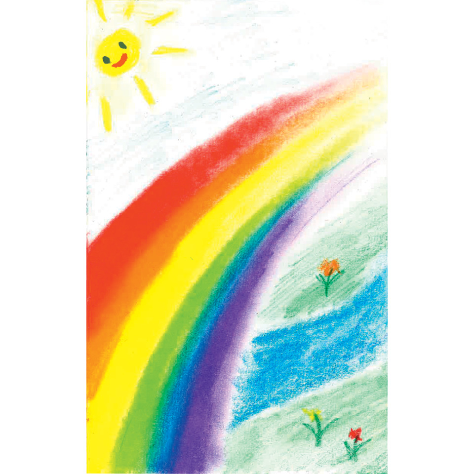 Kinderzeichnung, Regenbogen, Sonne, Blumen, Landschaft