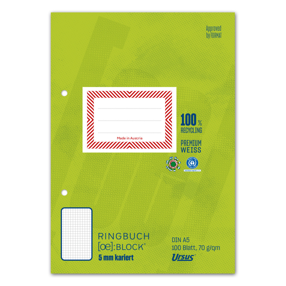 Ringbuch, DIN A5, 5 mm kariert, Klebebandrand, Recycling-Grün