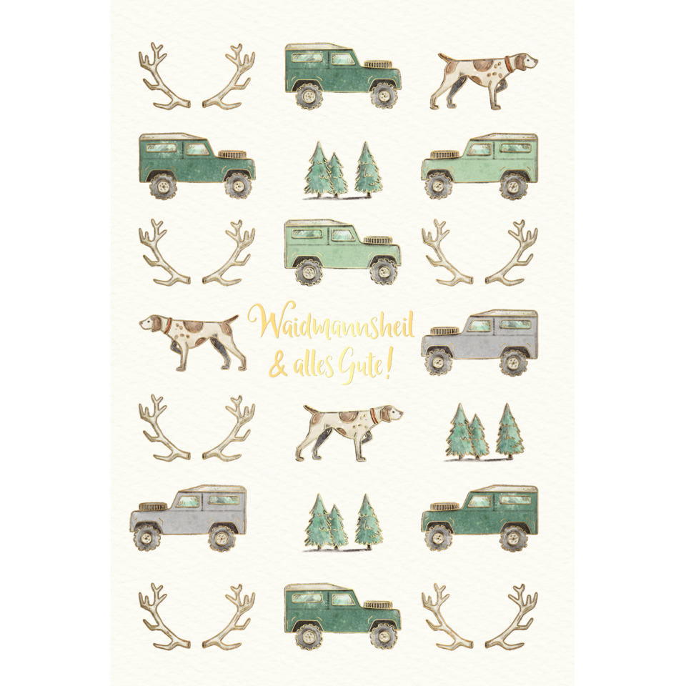 Geschenkpapier, Jagdmotiv, Geländewagen, Jagdhunde, Tannenbäume
