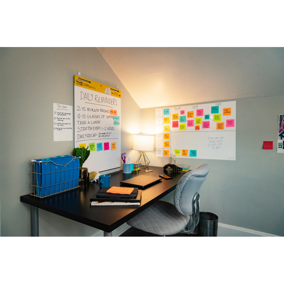home office, desk, whiteboard, post-it notes, chair