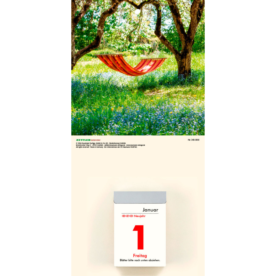 hängematte, garten, baum, blumenwiese, kalender