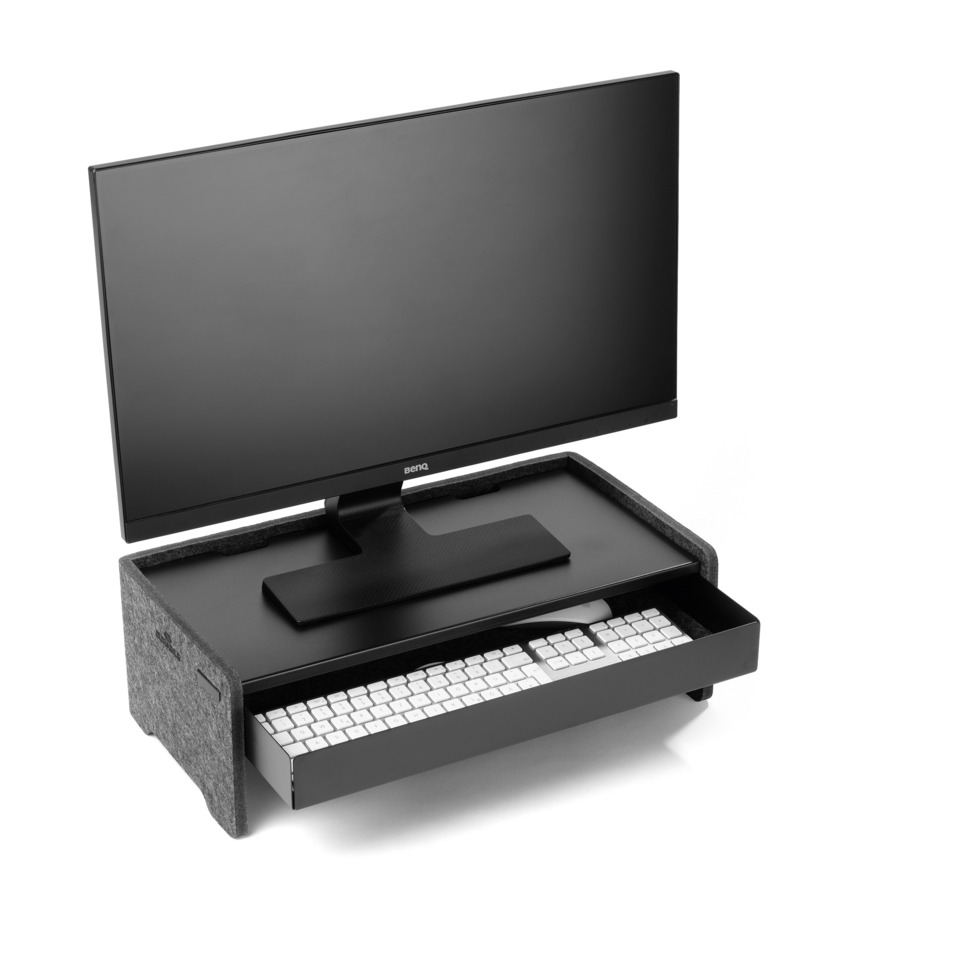 monitor, computer, desk setup, keyboard, drawer tray