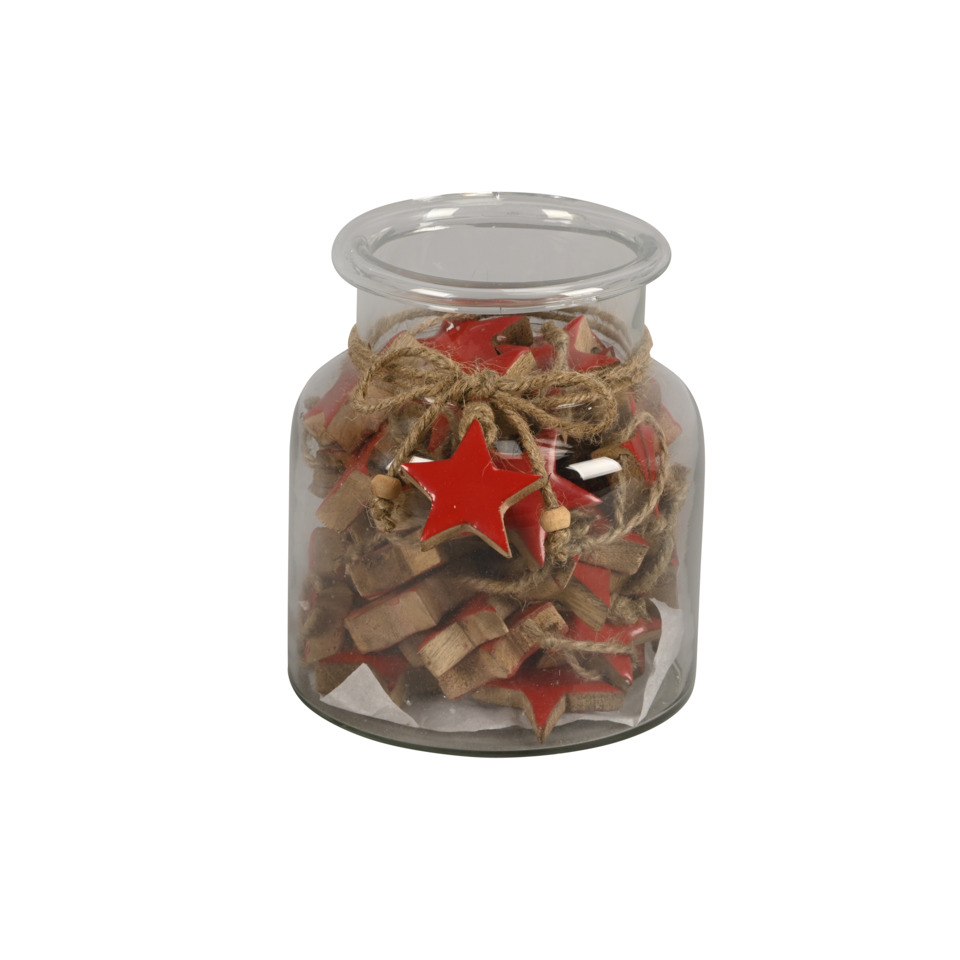 Glasbehälter, Holzstücke, Rot Sterne, Juteschnur, Weihnachtsdekoration