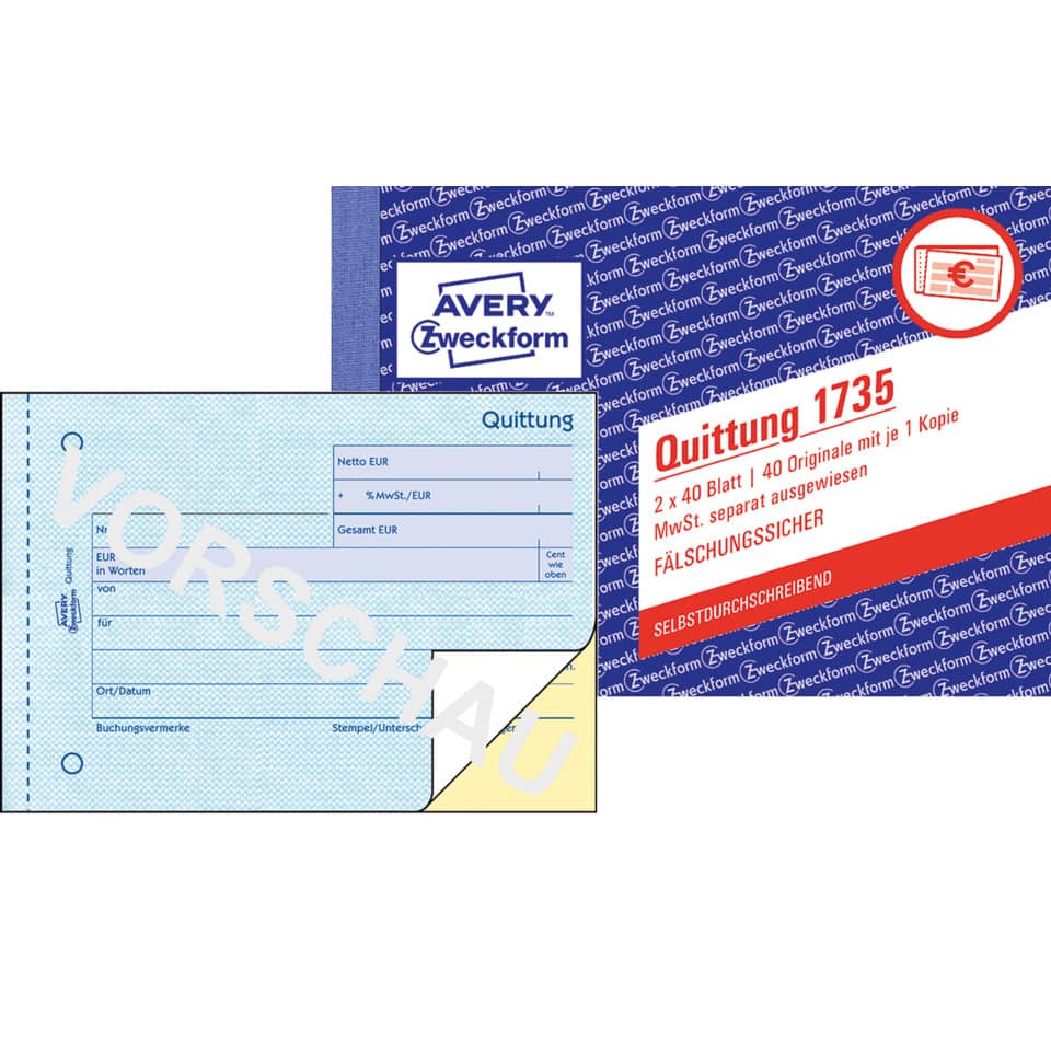 Quittung, Rechnung, Kassenvordruck, Avery Zweckform, Papiervordruck