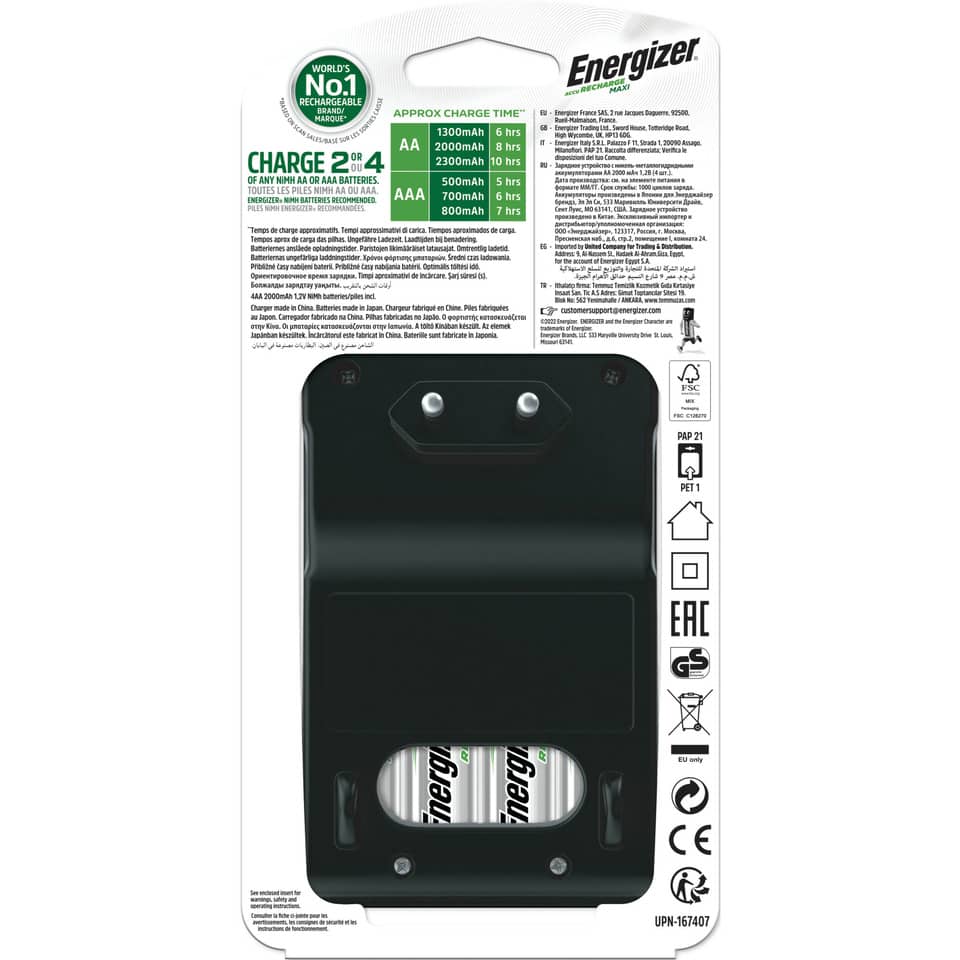 Batterieladegerät, Energizer, aufladbar, AA/AAA Ladegerät, Verpackung