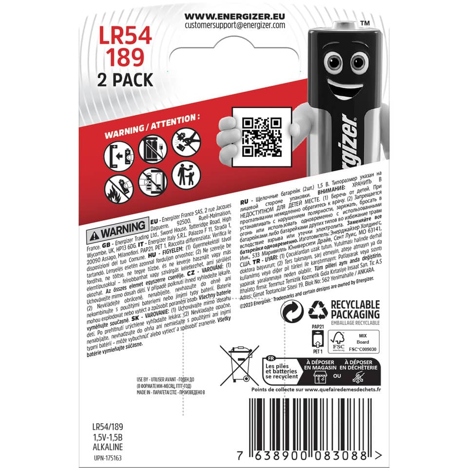 2-pack, AA battery, LR54/189, alkaline, recyclable packaging