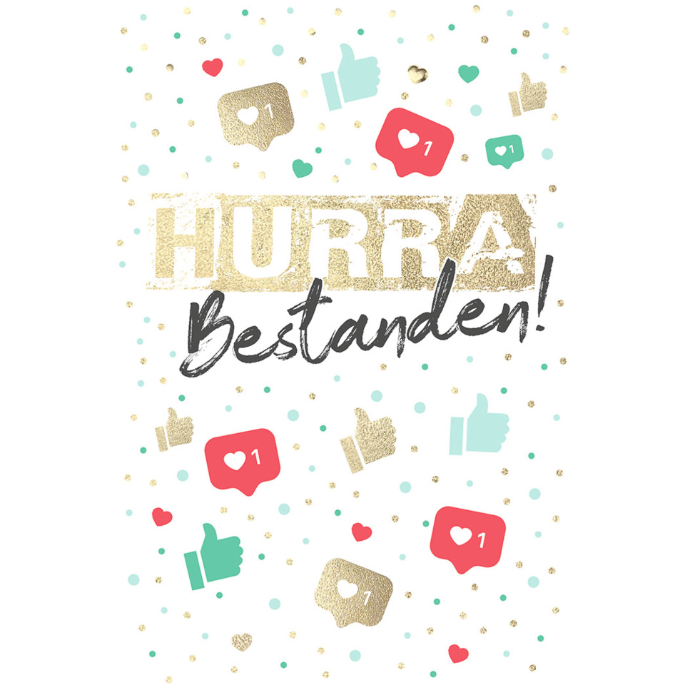Geschenkpapier, Bestanden-Motiv, Goldglitzer, Likesymbole, Türkis-Rot