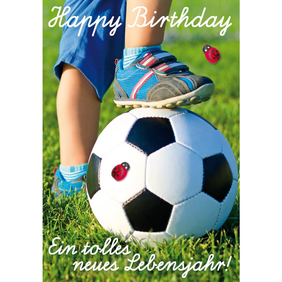 soccer ball, soccer cleats, kids footwear, grass field, birthday card