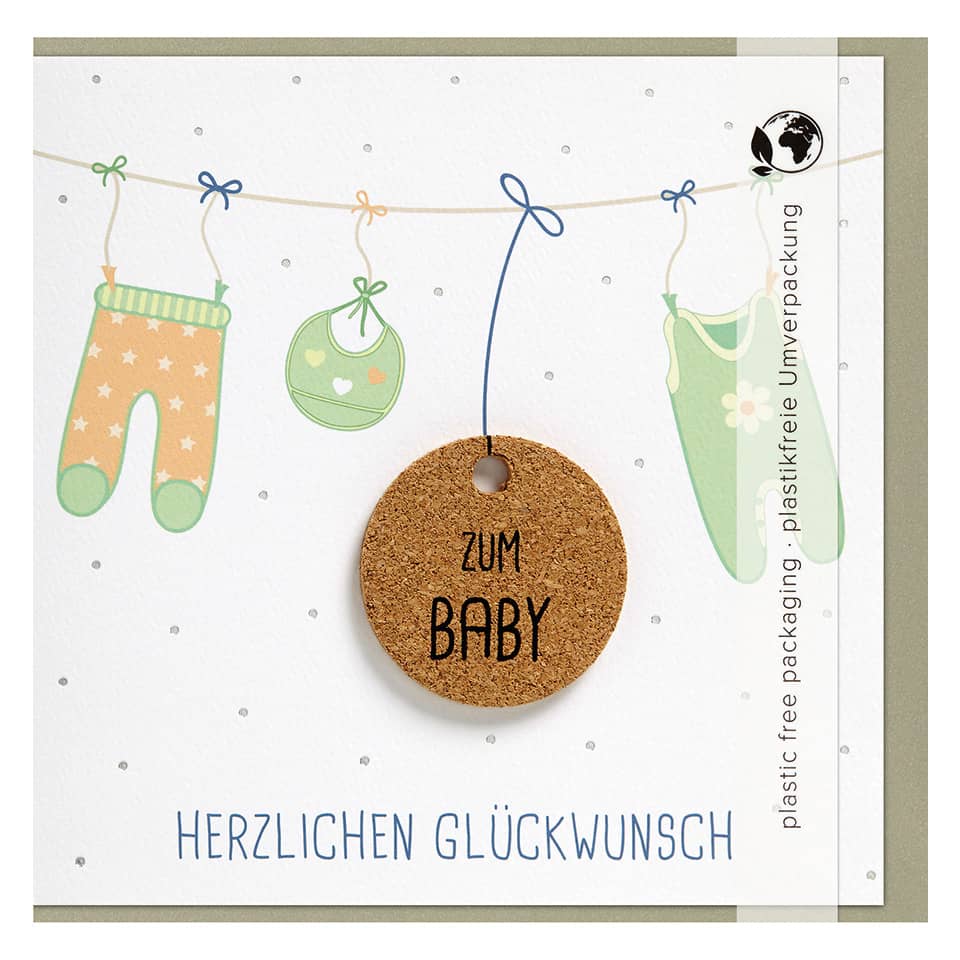 baby card, glückwunschkarte, korkanhänger, zum baby, plastikfrePackaging