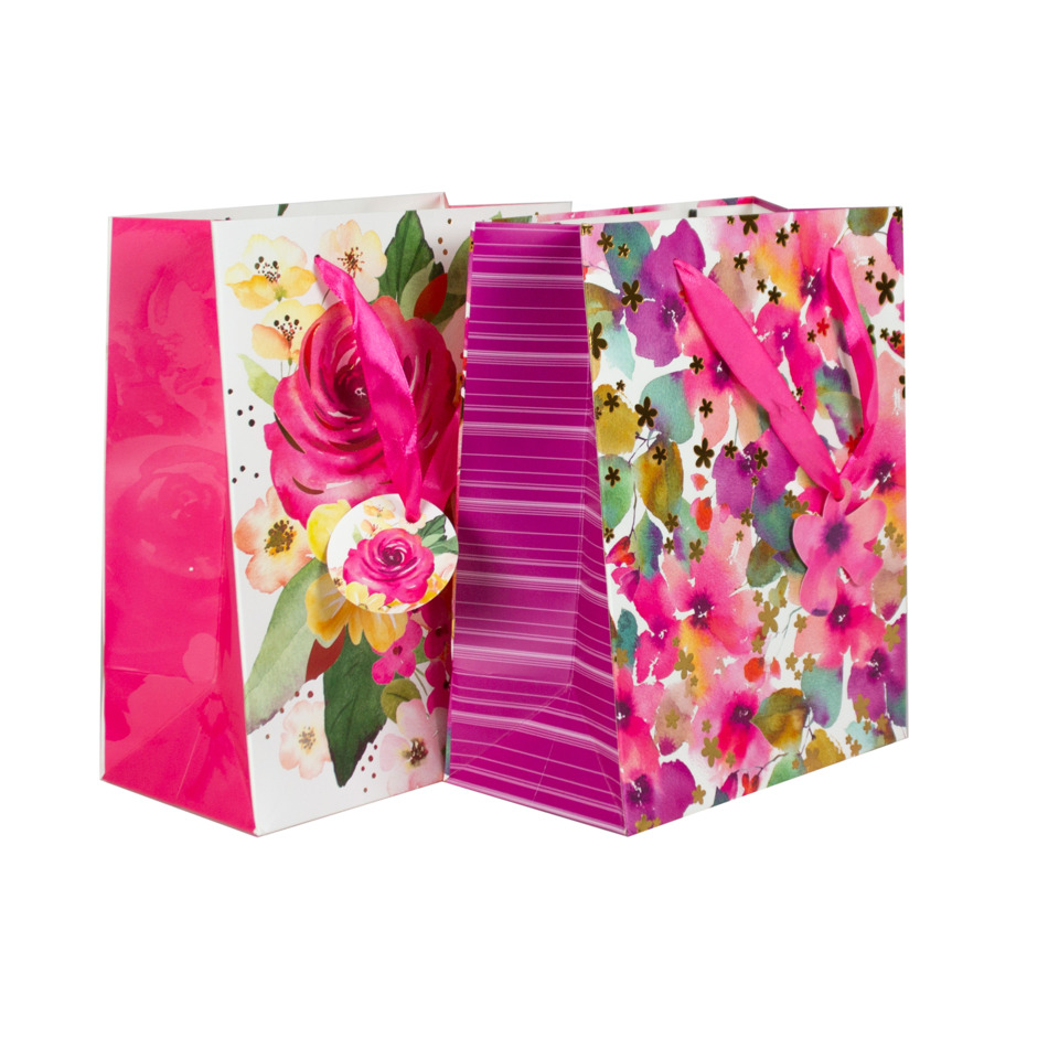 Geschenktüte, Blumenmuster, Paketpapier, Tragtasche, pink