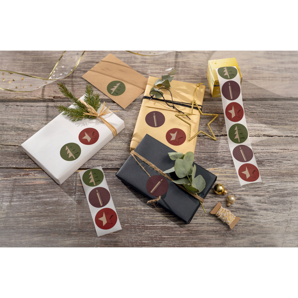 Geschenkverpackung, Paket, Kordel, Stoffband, Sticker