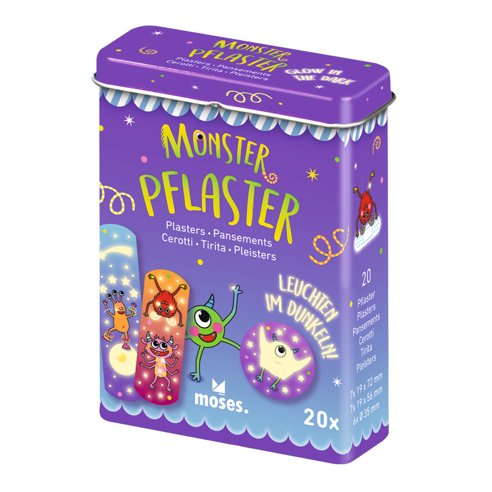 Pflaster, Plaster, Monster-Design, Leuchtende Farbe, Kunststoffdose
