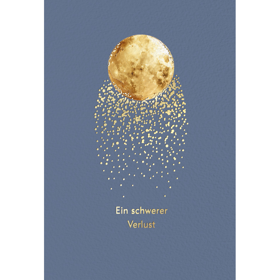 goldener mond, konfetti punkt, blauer hintergrund, karte design, verlust text