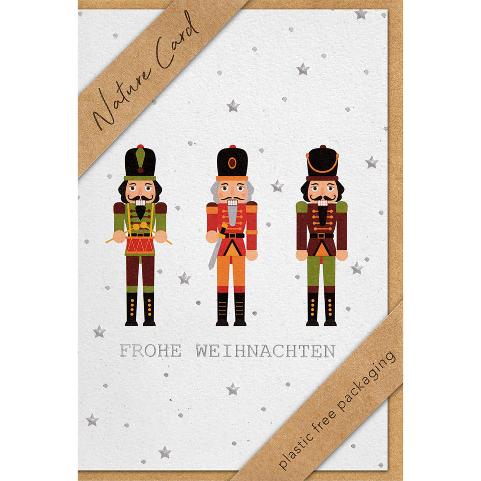 holzfiguren, nussknacker, weihnachten, kartonkarte, sternchen