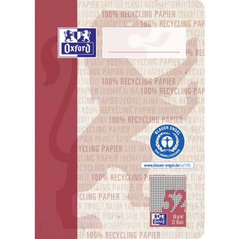 Oktavheft Recycling, A6, 32 Blatt, Lin.52, kariert, dunkelrot OXFORD 400159443