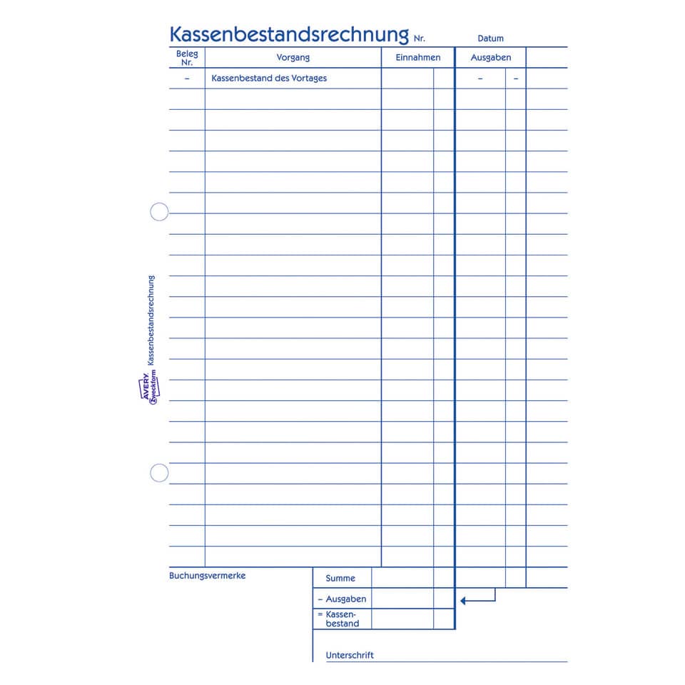 A4Kassenbeleg, Kassenbestand, Kassenbuch, Belegformular, Kassenlage