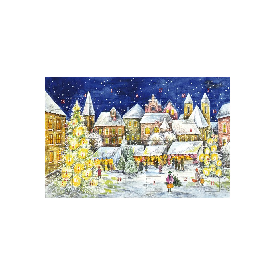 Advent calendar, Christmas market, Winter scene, Lit tree, Snow landscape