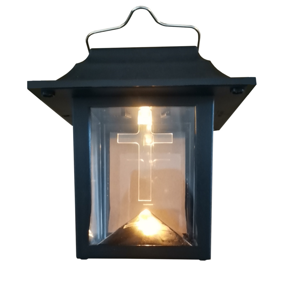 Laterne, Laternenkupfer, Glasfront, Kreuzsymbol, LED-Licht