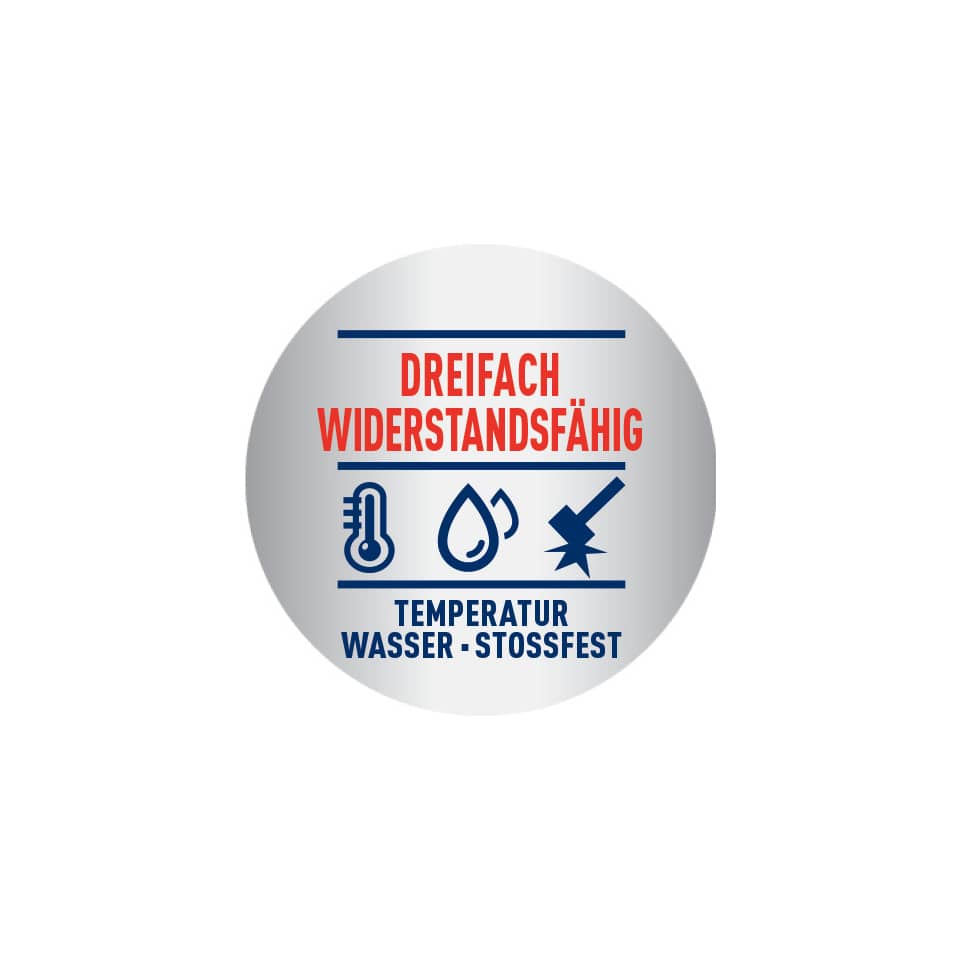 Temperaturbeständigkeit, Wasserbeständigkeit, Stosssfest, Thermometer-Symbol, Feuchtigkeitssymbol