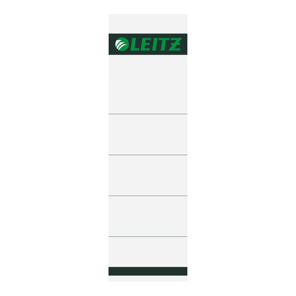 Leitz-Logo, weißer Karton, grünes Labelband, weißes Regal, rechteckige Streifen