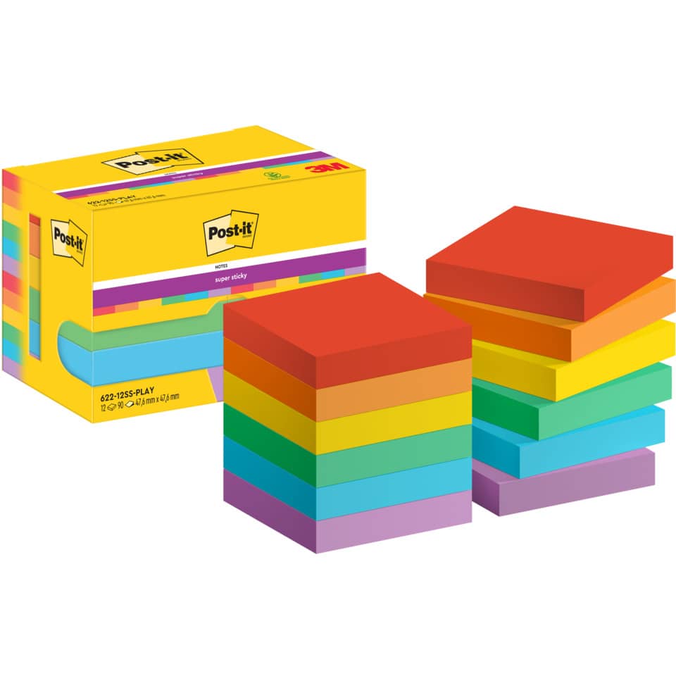 Haftnotizblock Super Sticky Notes Playful Collection, 47,6x47,6mm, 12x90 Blatt, sortiert POST-IT 622-12SS-PLAY