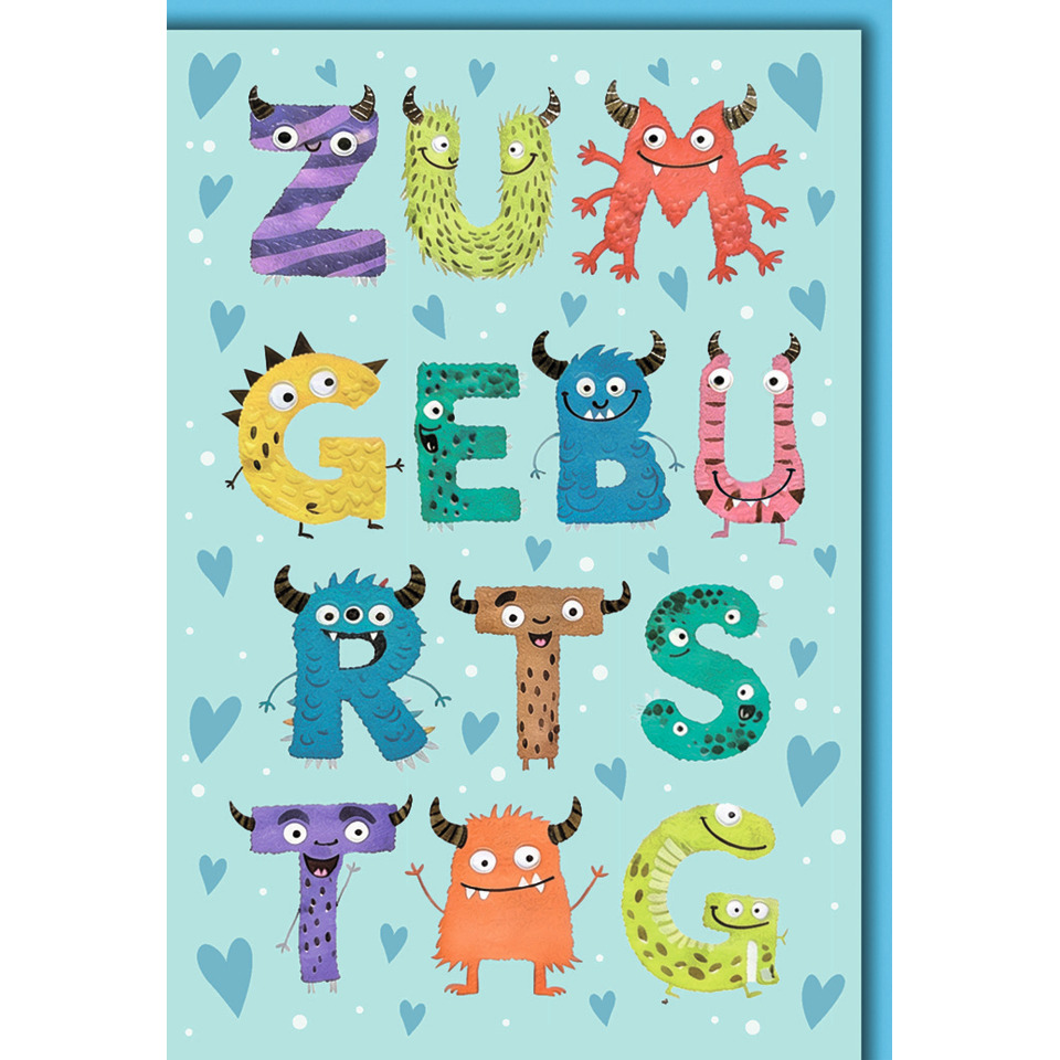 Kinderposter, Monsteralphabet, Buchstaben, bunte Illustration, türkiser Hintergrund