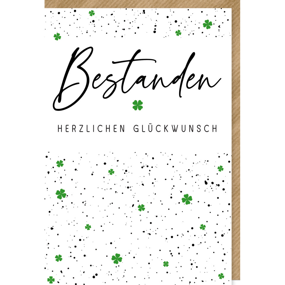Grußkarte, Herzlichen Glückwunsch, Bestanden, Kleeblatt, Schwarzweiß