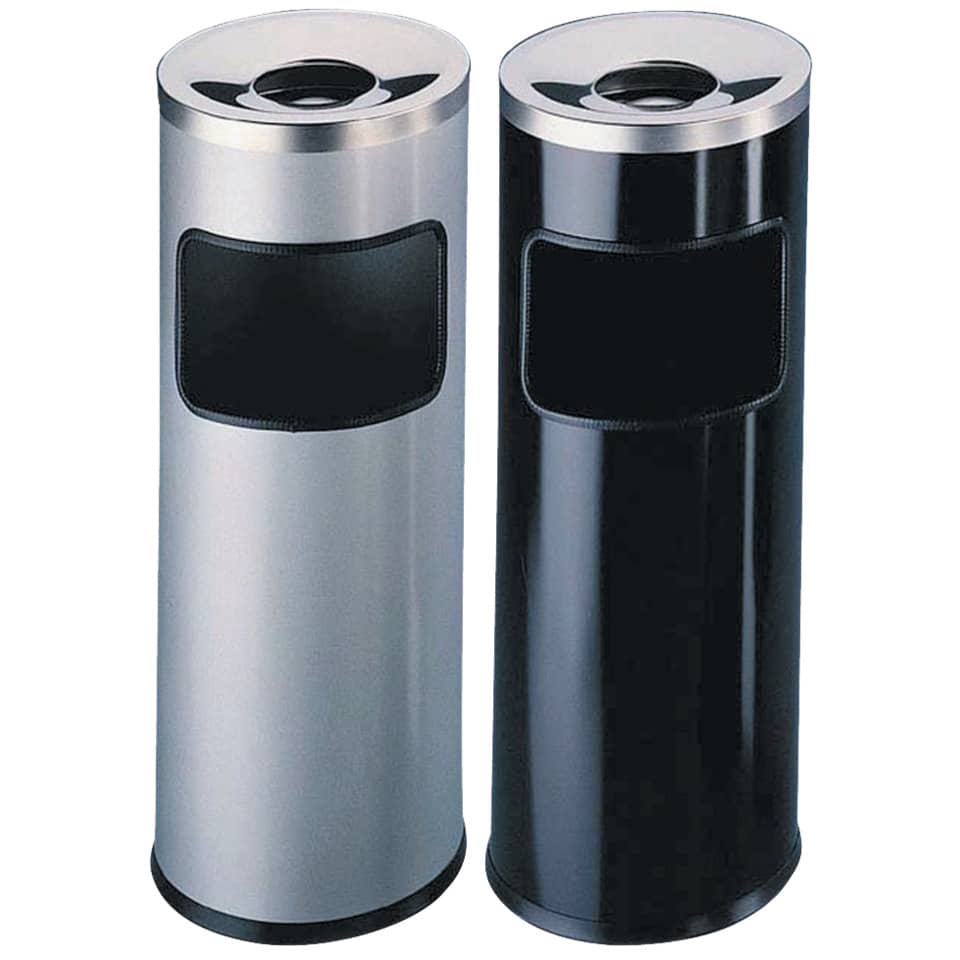 briefcase, toweled, trash can, cylindrical bin, stainless steel