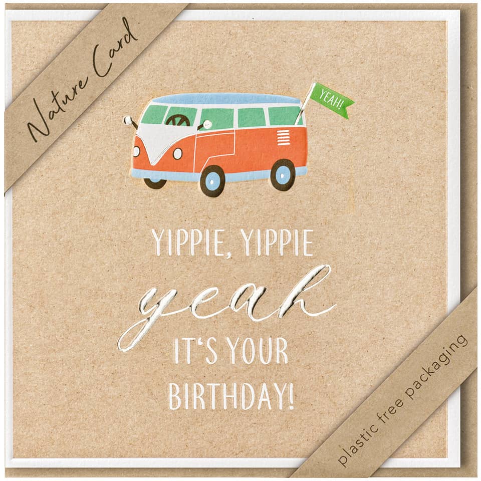 Birthday card, Yippie bus, Kraftpapier, Vintage-Van, Verpackung plastikfrei