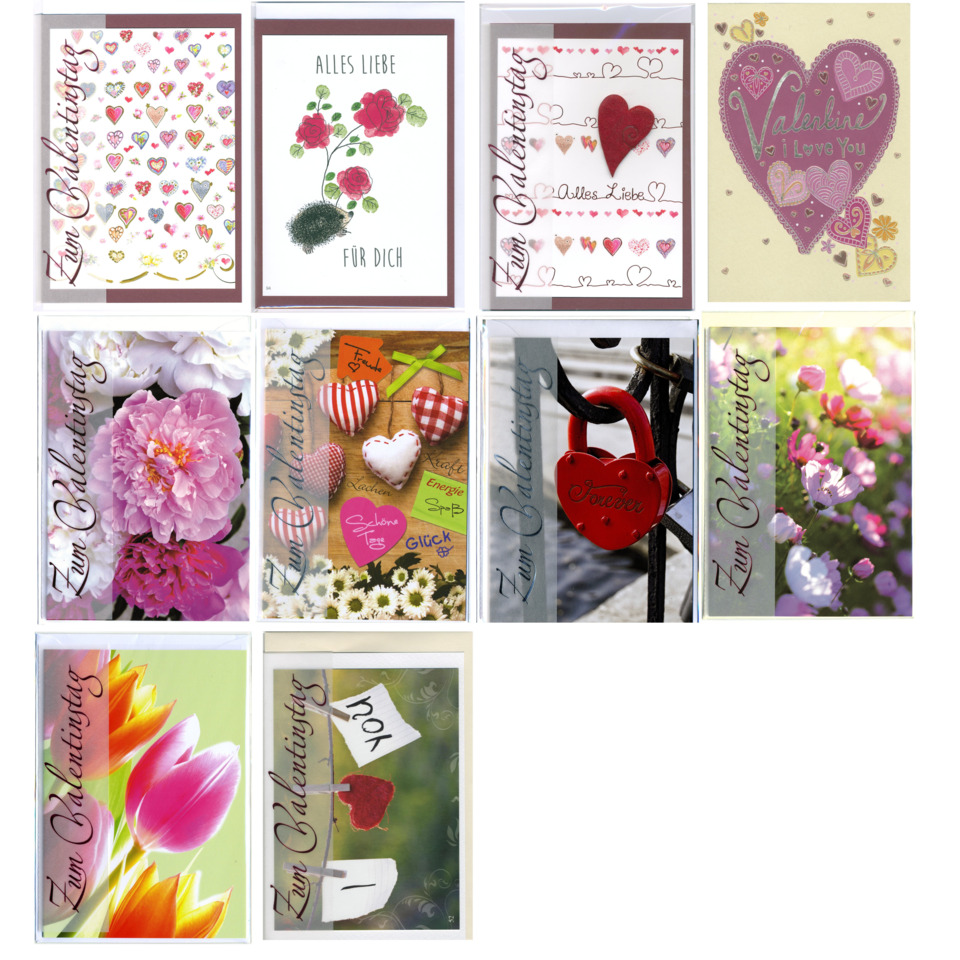 Valentinstagskarten, Grußkarten, Herzmotive, Blumenmotive, Mehrfarbig