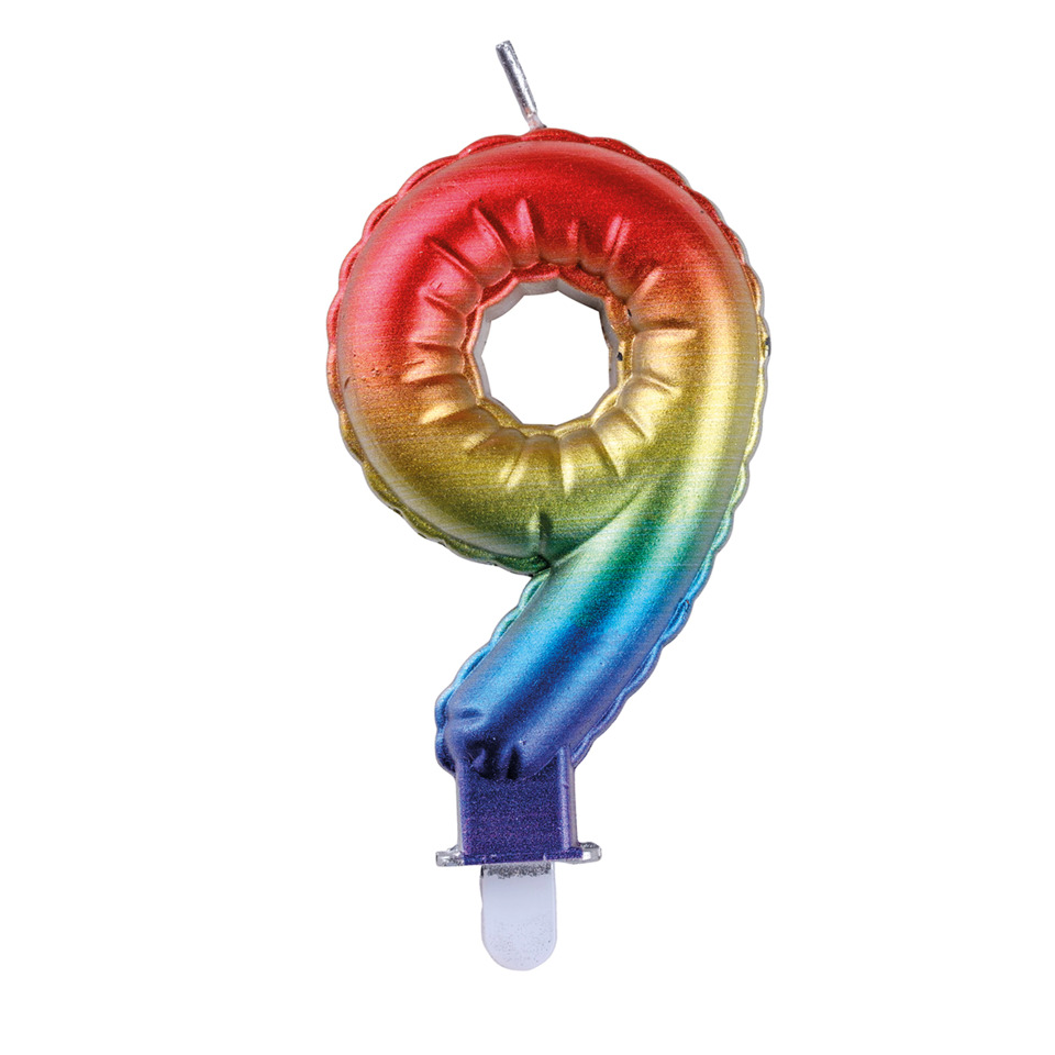 Luftballon, Sternform, Regenbogenfarben, Kuchenkerzenhalter, Zahl-9
