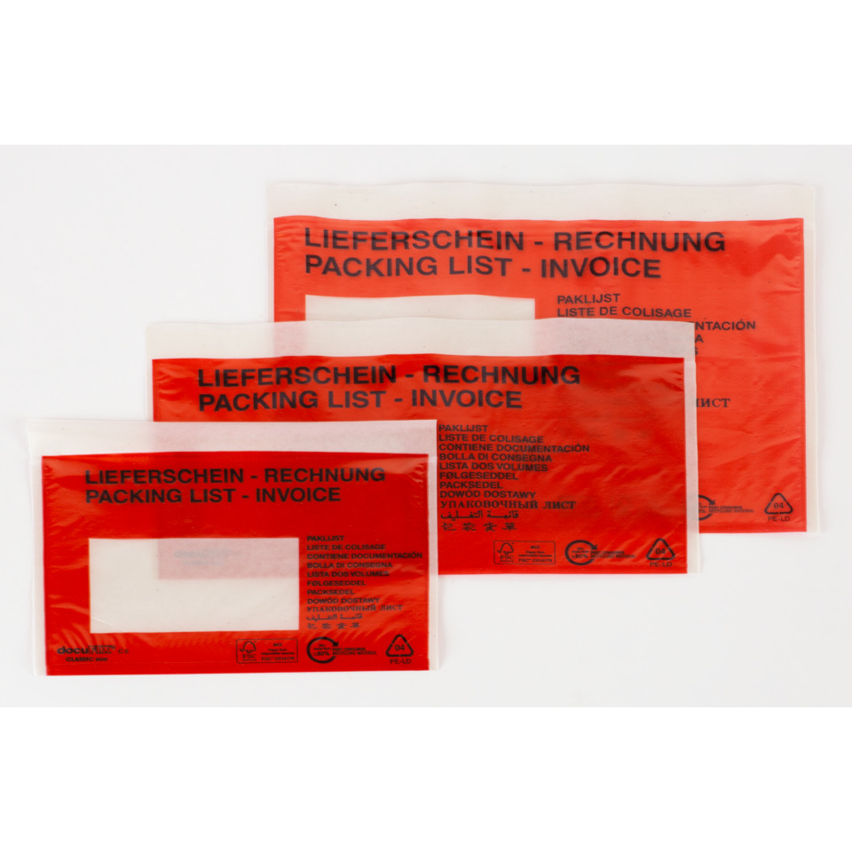 Packing list, Rechnung, Rotes Beutel, Versanddokument, Plastic bag