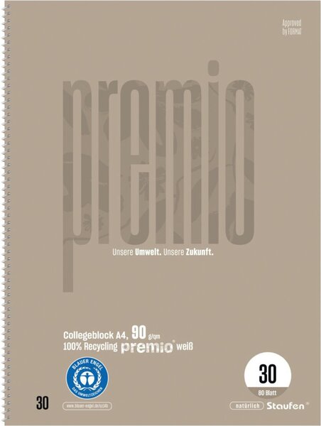 Premio Collegeblock DIN A4, 80 Blatt, 90g/qm, Lineatur 30, blanko, 4-Loch, sand