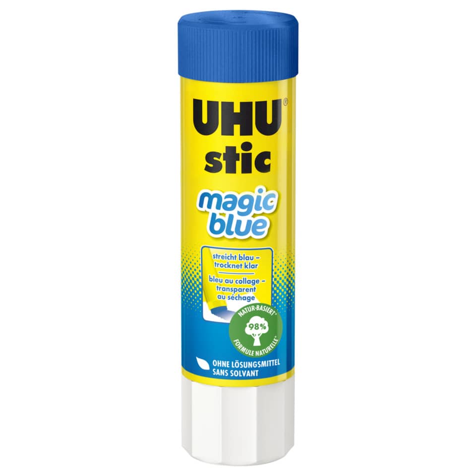 UHU Stic, Klebestift, Kleberstift, Gelbstoff, Blauweißes Etikett
