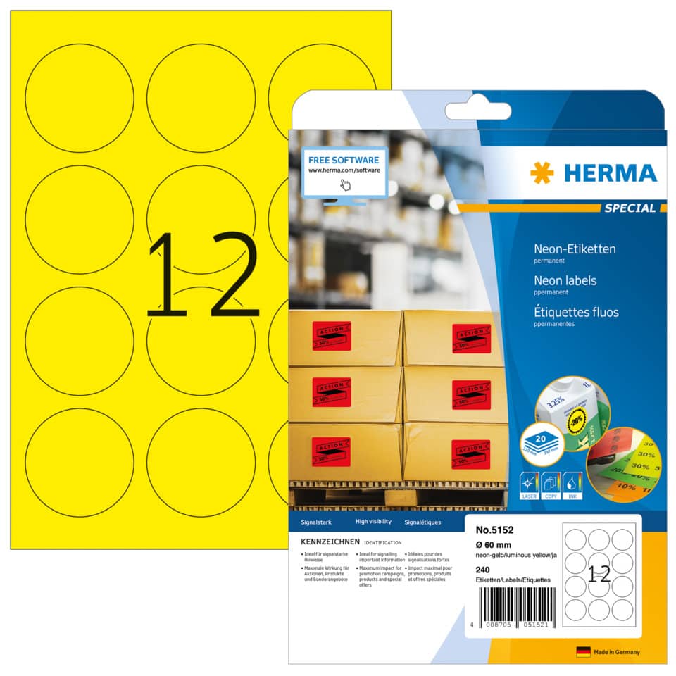 neon labels, neon stickers, labels roll, packaging tape, yellow circles