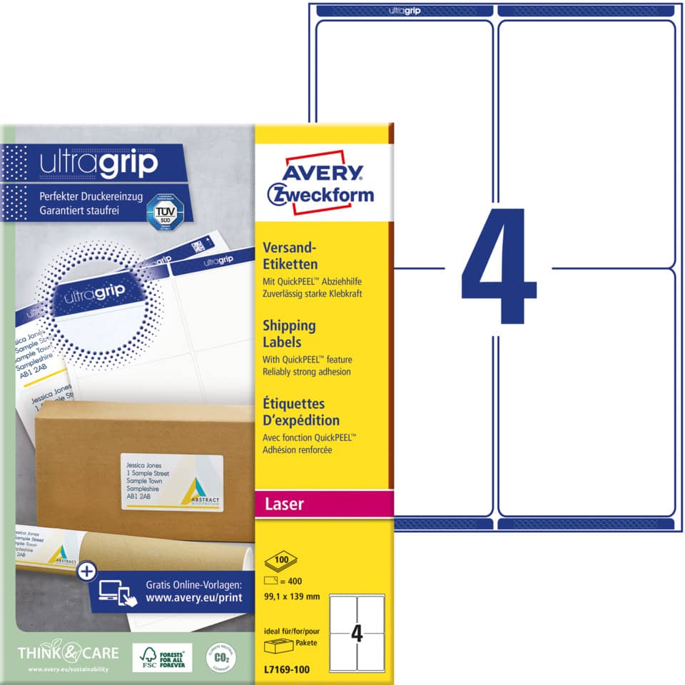Avery Versandetiketten, Laserpapier, Etikettenblatt, Kartonverpackung, druckbare Etiketten