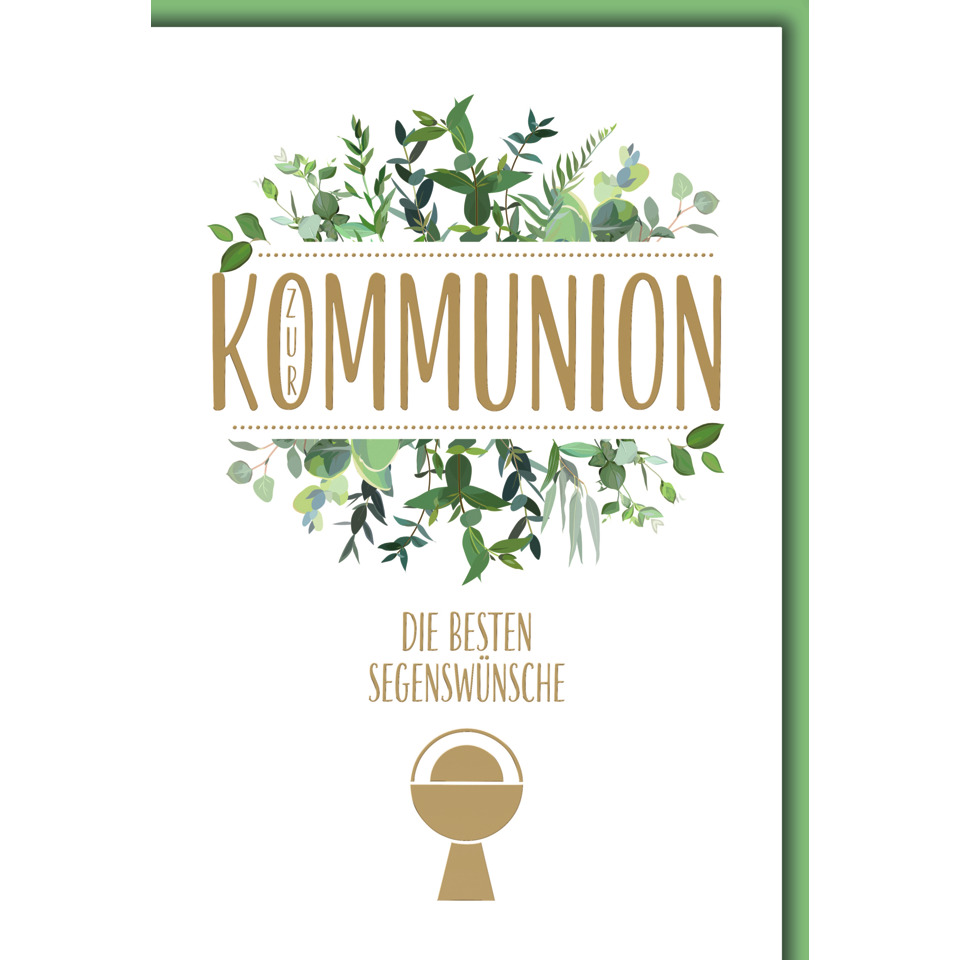 kommunion-karte, grünes-blätterdesign, blätterkranz, segenswunsch, kreis-symbol