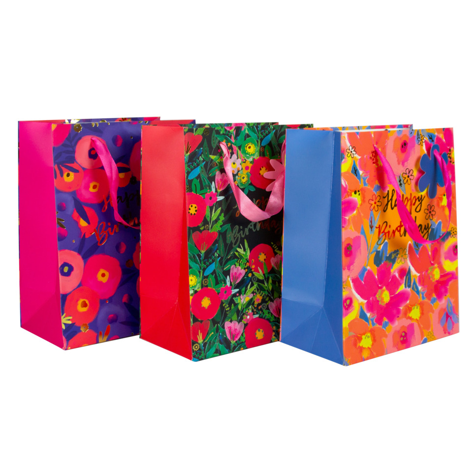 Geschenkverpackung, Geschenktüte, Blumenmuster, bunt, Papiertüte