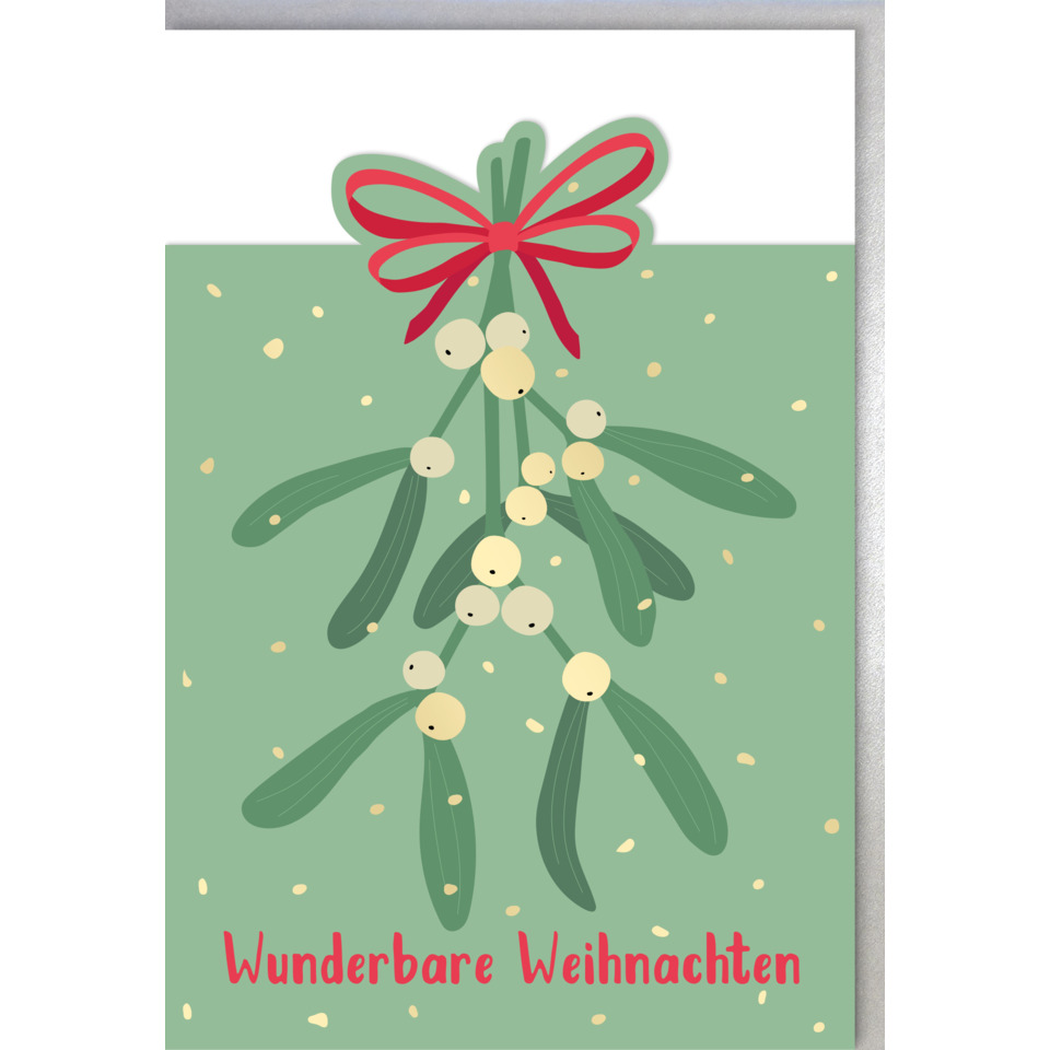 Weihnachtskarte, Mistelzweig, rote Schleife, grüner Hintergrund, Weihnachtsmotiv