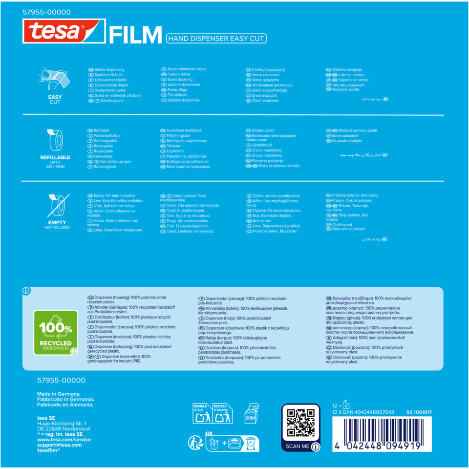 Filmdispenser, Nachfüllbar, Transparent?, Blau, Einweg?