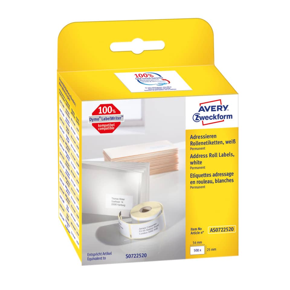 Rollen-Etiketten, 25x54mm, 500 Stück, weiß AVERY ZWECKFORM AS0722520