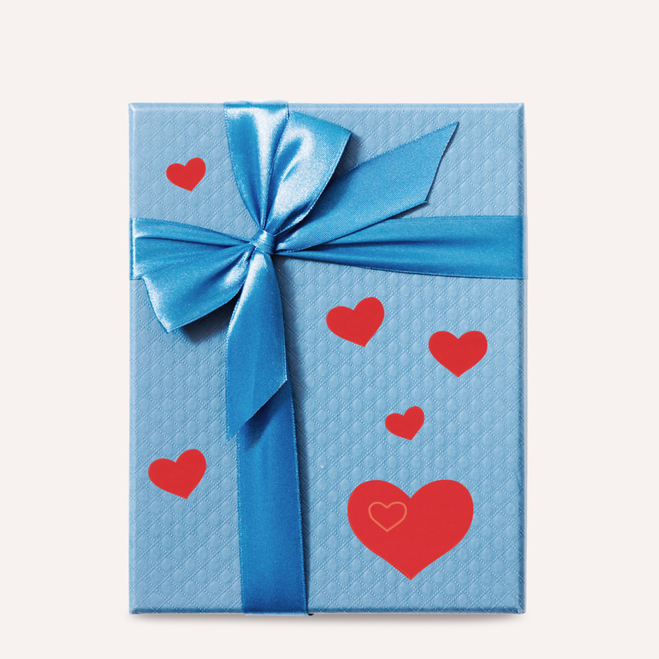 Geschenkverpackung, blaues Kästchen, Band, Herz-Muster, Geschenk