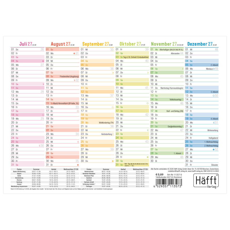Kalender, Monatskalender, Stadtplaner, Tischkalender, Farbcodiert